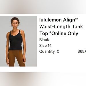 Lululemon Align Waist-Length Tank, size 14, Black